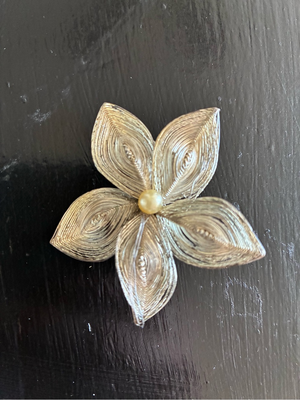 Silver Floral Five-Petal Brooch with Pearl Center